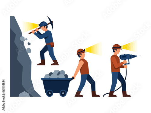 Mining Team at Work: A team of miners in a illustrative work environment using tools to extract resources. Shows collaborative teamwork to excavate rock with headlamps.