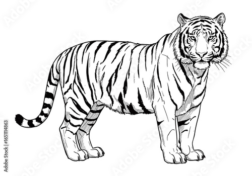 A majestic tiger stands, its striped coat detailed in a black and white line drawing.