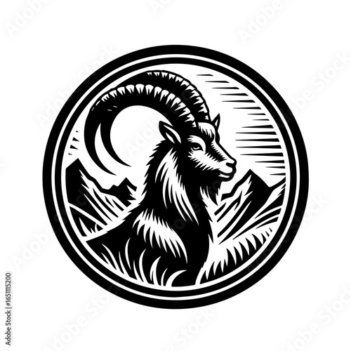Ibex goat with large horns in mountainous landscape