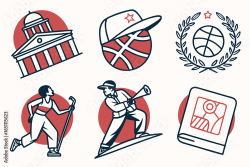 Collection of sports and activity icons including building, cap, basketball, hiking, baseball player