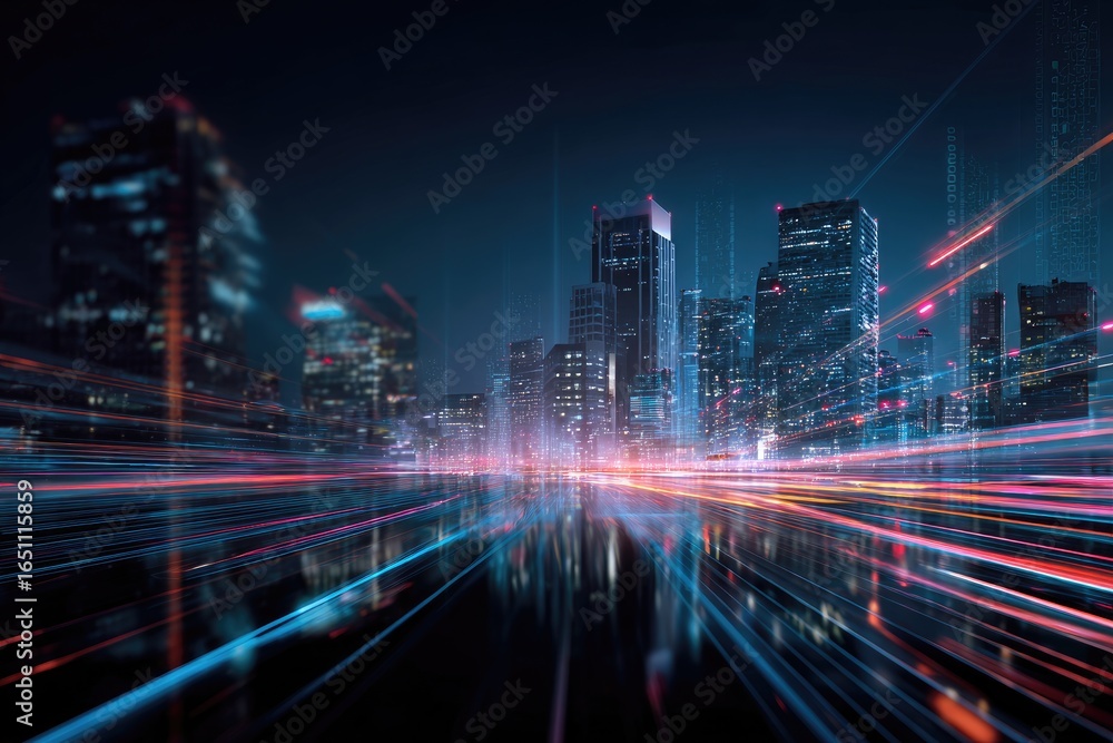 Fototapeta premium Cityscape at night with vibrant light trails