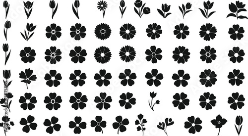 Black flower icon set, floral silhouettes, botanical vector elements, blooming tulips and blossoms for spring, nature, decor, web, design