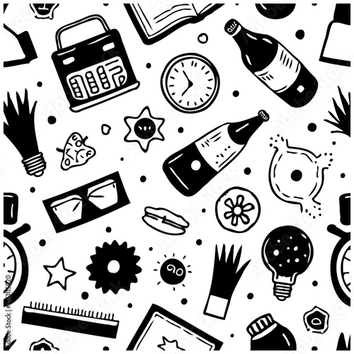 Monochrome doodle pattern featuring beer bottles, clocks, and quirky everyday items against a white background for creative projects