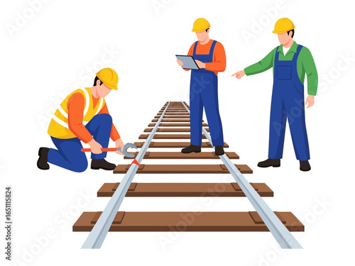 Railroad Repair: Engineers meticulously inspect and maintain a section of railway track. Meticulous maintenance ensuring efficiency.