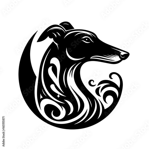 Stylized greyhound head in a circular tribal design