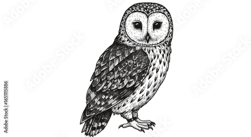 Detailed ink drawing of a barn owl, perched, facing forward, intricate feather detail.