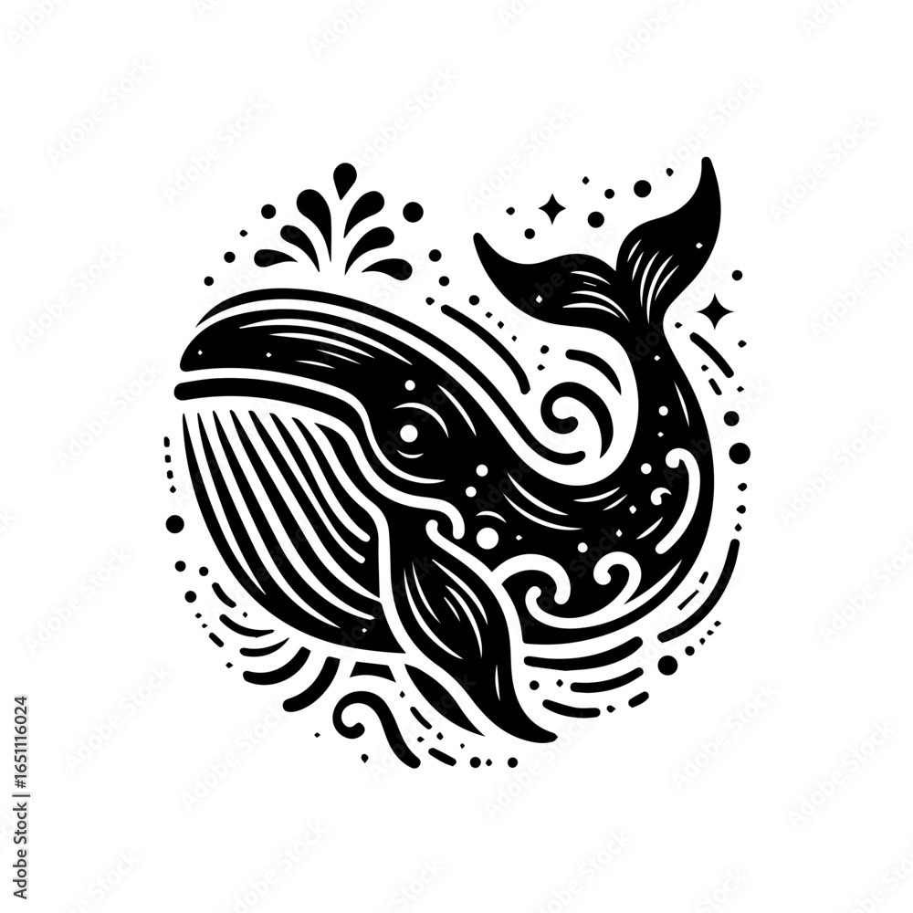 Fototapeta premium Stylized black whale illustration with water splash