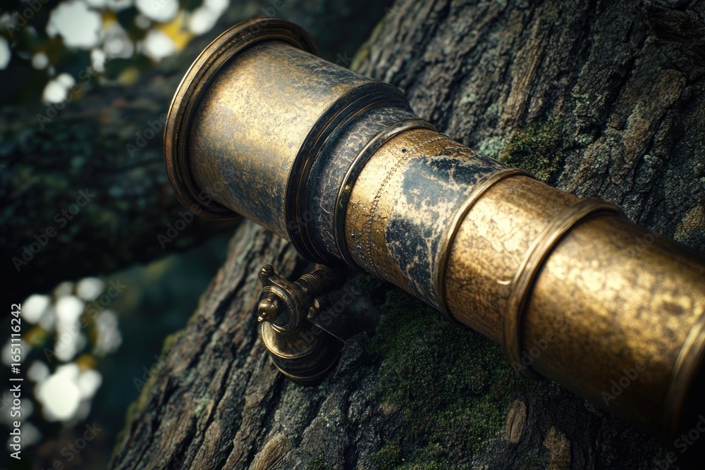 Obraz premium An antique brass telescope rests on a mossy tree trunk, evoking a sense of exploration and historical discovery in nature.