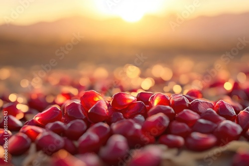 Close-up of pomegranate seeds with the sun rising in the background, creating a warm and inviting visual.