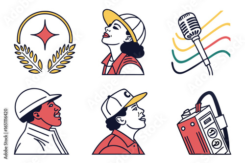Set of six diverse people wearing hats and related icons