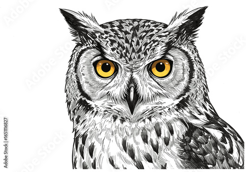 Detailed illustration of an owl's face, showcasing its piercing yellow eyes and intricate feather patterns against a white backdrop.