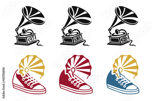 Vintage gramophone and sneaker icons isolated on white background