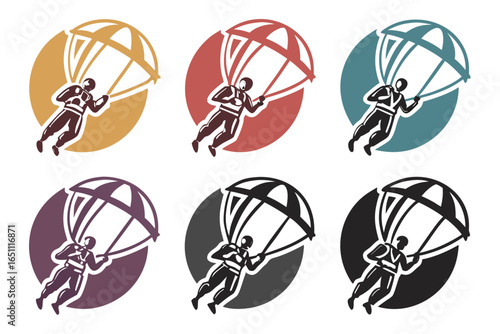 Set of six skydivers in different colored circles, vector illustration