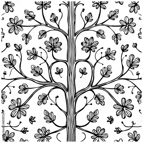 Elegant hand-drawn tree of life design with branches and leaves creating a symmetrical floral pattern for art projects