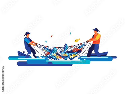 Fishing Partnership: Two fishermen collaborate to haul a bountiful catch, their teamwork evident in the illustrated depiction of their seaside labor.