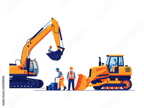 Construction Crew in Action: An illustrative representation showcases construction workers and heavy machinery engaged in dynamic activity, symbolizing the progress of a project.