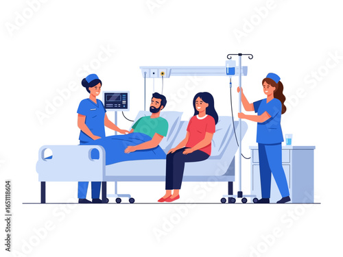 Hospital scene: In a modern hospital room, the focus is on compassionate healthcare. This image features a patient resting comfortably in bed, with a supportive companion by their side.