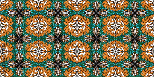 seamless beautiful Kitenge, chitenge style. African ethnic traditional green orange color pattern.  fashion design in green. Geometric circle abstract motif. Floral Ankara prints, African wax prints.