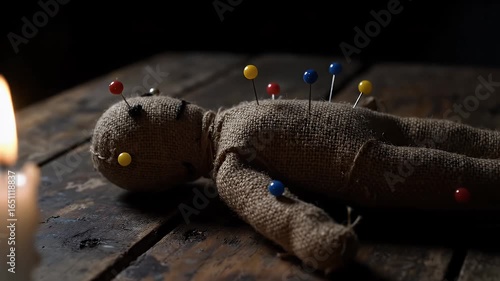 A handmade voodoo doll with colorful pins stuck in it lies on a wooden table, lit by a flickering candle. Occult and black magic concept.

