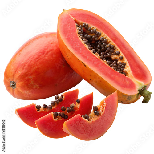 A whole and sliced red papaya isolated on a transparent background
