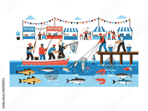 Coastal Fishing Frenzy: A lively scene unfolds at a coastal fishing festival, as anglers and vendors engage in a flurry of activity against a backdrop of clear water and colorful tents.