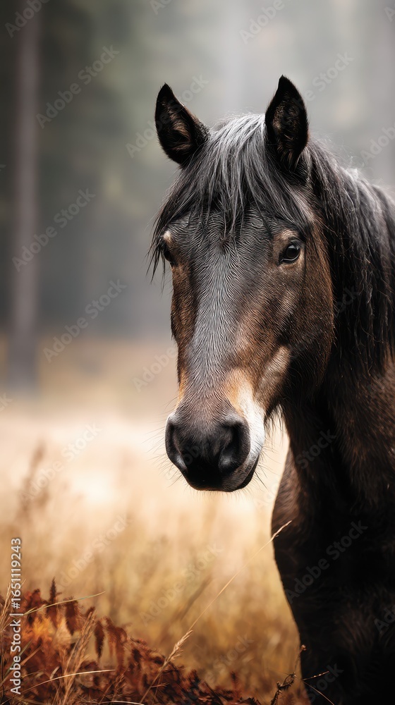 Obraz premium Majestic brown horse standing in a misty forest surrounded by autumn foliage during early morning light