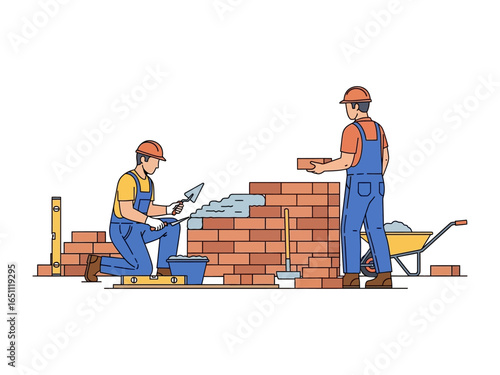 Construction Site Builders: A pair of builders working on a brick wall, demonstrating the craft of bricklaying with precision, representing construction skill.
