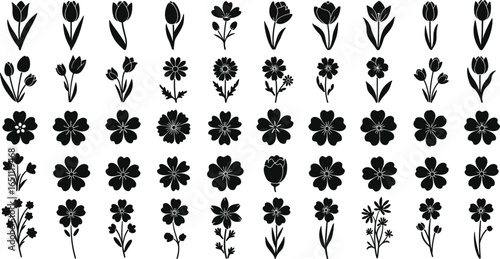 Collection of black floral icons, tulip and blossom silhouettes, spring flower vector set for nature, graphic, art, and decoration use