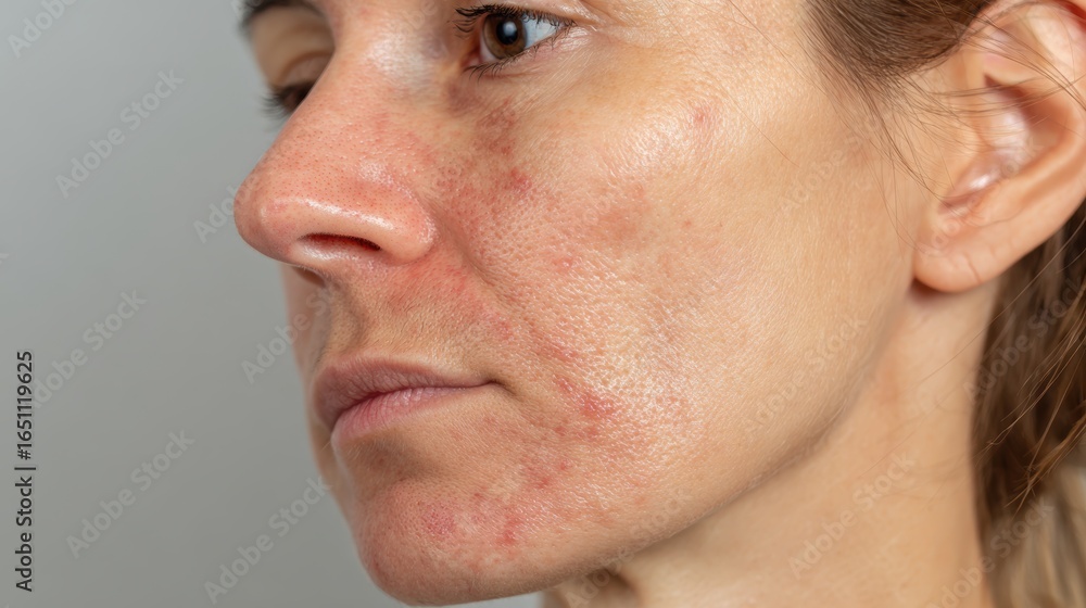 Obraz premium acne on woman face with rash skin, scar, and red skin syndrome allergic to cosmetics, use steroids, dermatology, inflammation, infection, hygiene