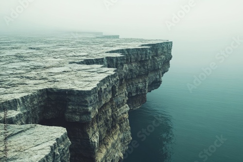 A majestic cliff face plunges into the ocean under a blanket of dense fog, creating a dramatic and serene coastal landscape.
