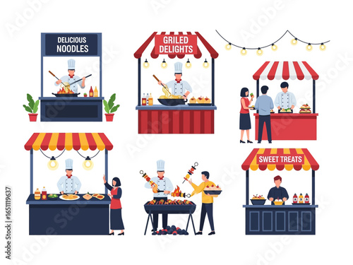 Street Food Stalls Illustration: A vibrant illustration of street food stalls, bustling with activity, offering a variety of delicious cuisine and inviting customers to indulge in culinary delights.