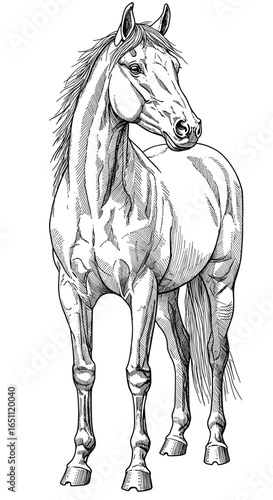 Detailed black and white line drawing of a horse, standing in profile view.