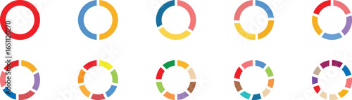  Pie chart color icons. Segment slice sign. Three phase, six circular cycle. Colorful diagram collection. Vector illustration