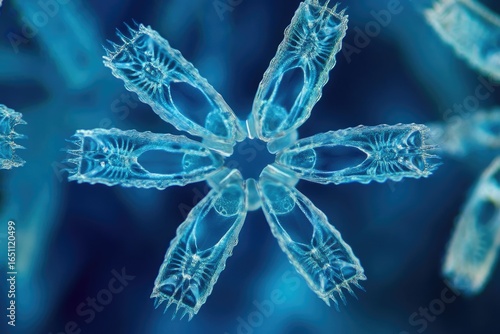 Microscopic flower-like arrangement of marine diatoms in a star or snowflake pattern against a deep blue background, creating an abstract and intriguing image.