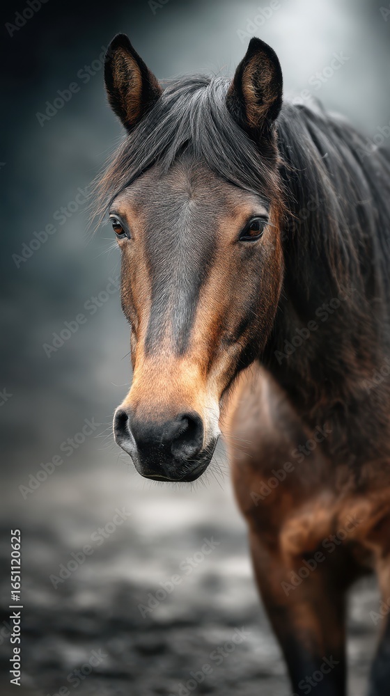Naklejka premium Majestic brown horse with flowing mane standing on soft ground in a serene setting during early morning light