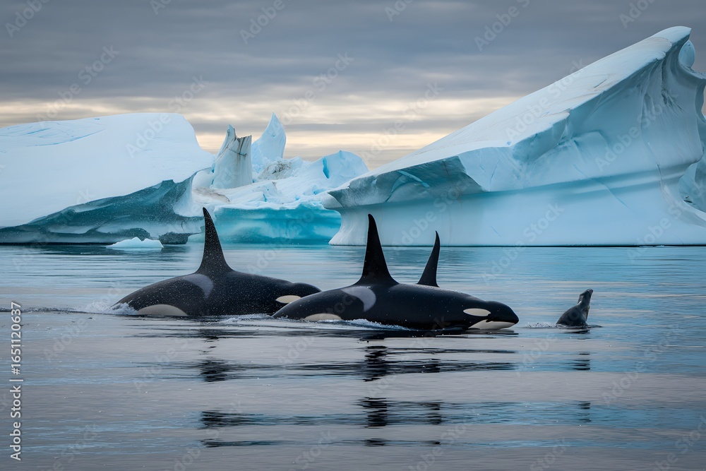 Fototapeta premium Orcas swimming in icy antarctic waters near large icebergs under a cloudy sky