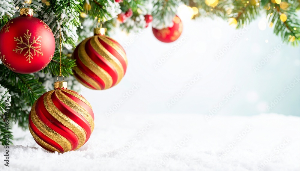 Naklejka premium Golden Christmas balls and red ornaments on a snow-dusted green spruce branch