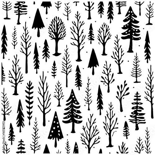 Whimsical winter wonderland: a seamless forest pattern evoking peaceful snowy nature scenes with stylized trees