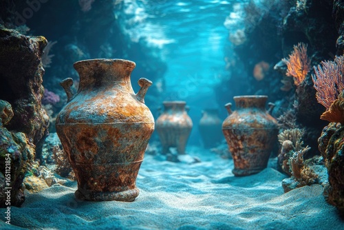 Ancient amphorae lie on the seabed, surrounded by coral and marine life in an underwater scene.