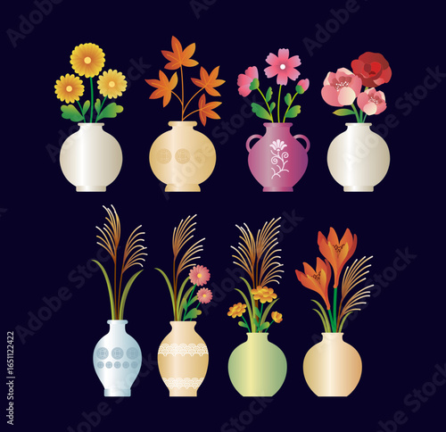 Vases with colorful flower collections. Pottery vases, reeds, maple leaves, flower arrangements, decorative elements