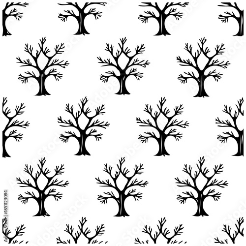 Seamless pattern of trees a black silhouettes on a white background creates an autumnal minimalist forest design