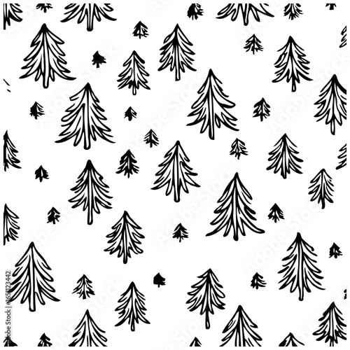 Hand-drawn winter forest seamless pattern showcasing various evergreen trees creating a festive and whimsical woodland design