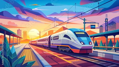 Modern high speed commuter train on the railway station and colorful sky with clouds at sunset in Europe. Industrial landscape with blue passenger train on railway platform. Railroad 