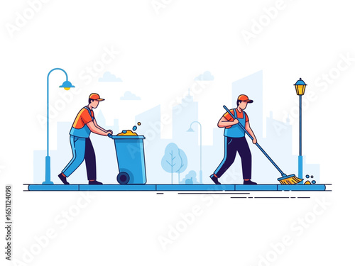 Community Cleanliness: Two dedicated sanitation workers diligently maintain a city street, one managing a bin, the other sweeping the walkway.