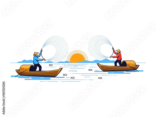 Fishermen at Sunrise: Two fishermen expertly cast their nets from traditional boats at sunrise, set against a serene backdrop of water and sky, showcasing their daily routine.