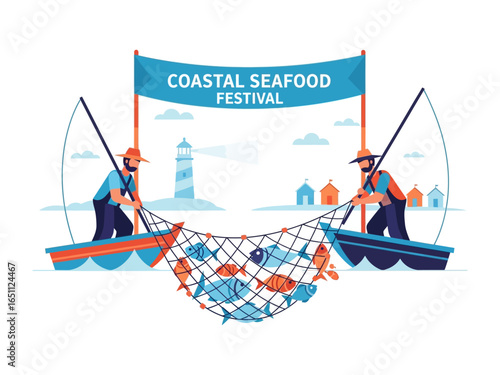 Coastal Seafood Festival: Vibrant illustration captures the essence of a coastal seafood festival, featuring fishermen harvesting a bountiful catch, the banner overhead proudly announces the event