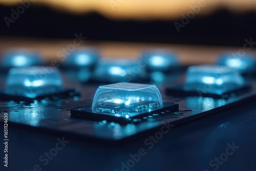 Close-up of a circuit board with glowing blue chips, showcasing technology and intricate design in a dark setting.