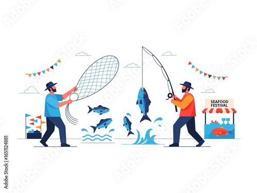 Fishing Frenzy at the Seafood Festival: Two figures engaged in a lively scene of angling and netting in an illustrated image, capturing the essence of a seaside festival.