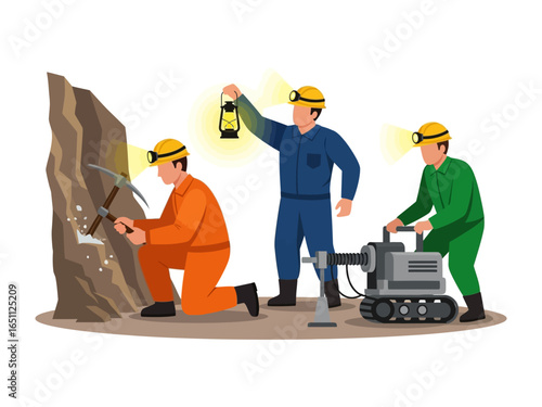 Digging for Riches: A team of industrious workers toiling underground, their headlamps illuminating the path as they extract valuable resources from the earth, symbolic of labor, determination.