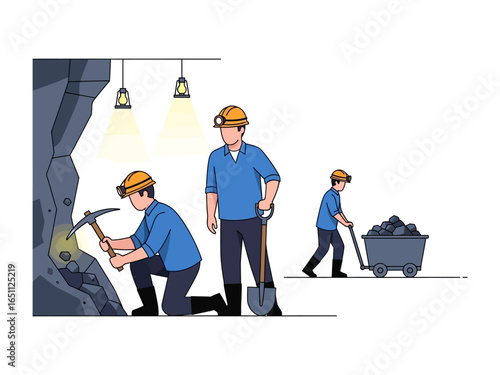 Mining Operation Illustrated: A meticulously crafted illustration showing miners in a deep, dark tunnel. They are working hard in a challenging environment.